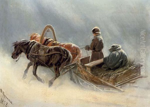 A Sleigh Ride Through The Snow Oil Painting by Petr Nicolaevich Gruzinsky