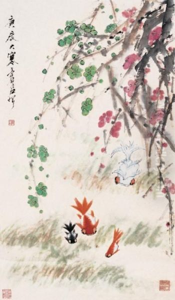 Xu Guplum Blossom Andcold Fish Oil Painting by Xu Gu