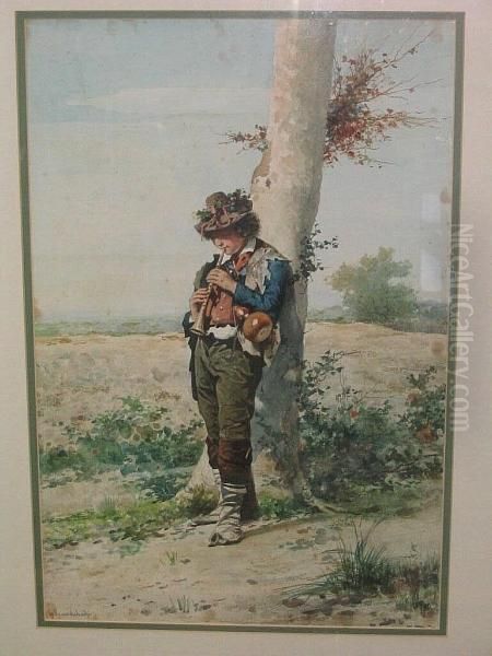 Italian Peasant Boy Before A Country Landscape, And Another Similar Of A Peasant Girl Oil Painting by Guerrino Guardabassi