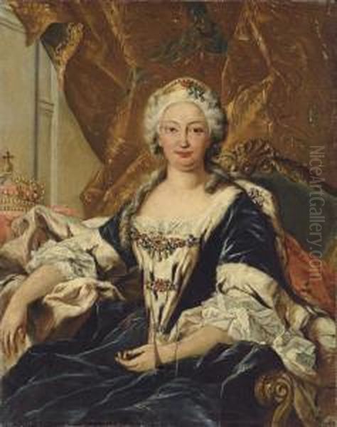 Portrait Of Elisabetta Farnese, 
Queen Of Spain, Seated Three-quarter-length, In An Ermine-lined Cloak, 
With A Crown Beside Her, In A Draped Interior Oil Painting by Giovanni Antonio Guardi