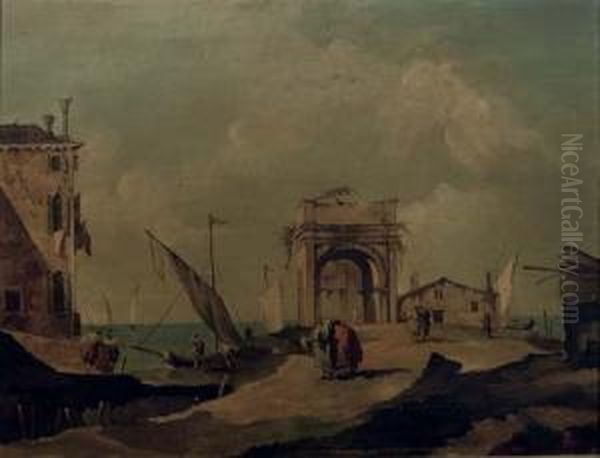 A 'vedute' Of A Coastal Town With Figures Conversing Near A Ruined Arch, Shipping Beyond Oil Painting by Giovanni Antonio Guardi