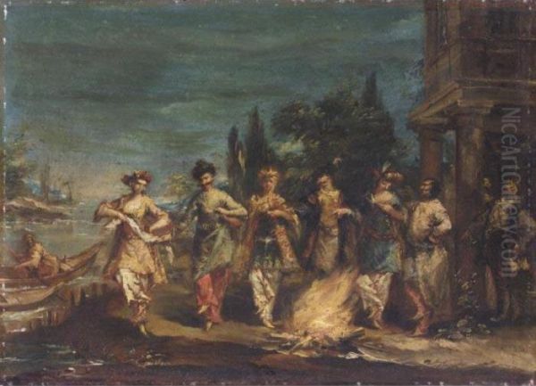 Three Couples In Exotic Dress Dancing In Front Of A Fire Oil Painting by Giovanni Antonio Guardi