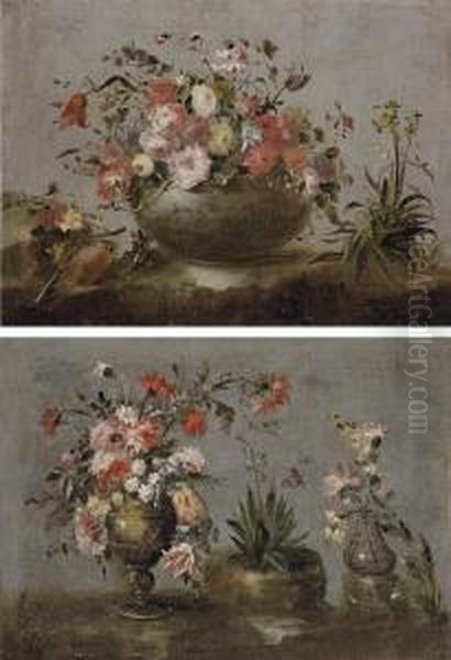 Tulips, Roses, Morning Glory And
 Other Flowers In A Stone Vase Withnarcissi Growing Beside Oil Painting by Francesco Guardi