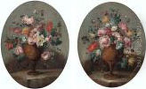 Roses, Carnations, Narcissi And Other Flowers In An Vase On A Ledge Oil Painting by Francesco Guardi