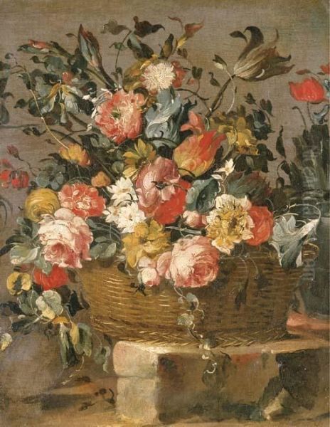 Flowers In A Basket On A Stone Ledge Oil Painting by Francesco Guardi