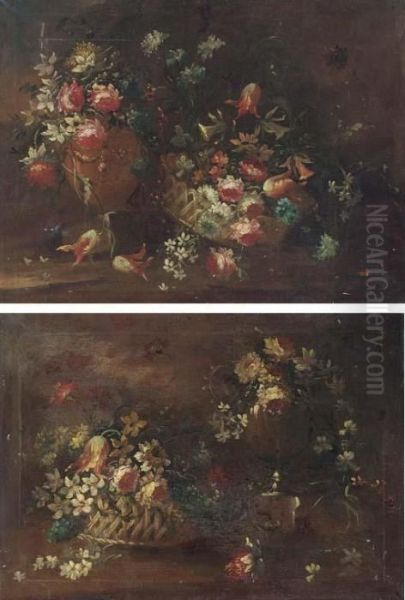 Narcissi, Parrot Tulips, 
Chrysanthemums And Other Mixed Flowers Ina Basket And Scattered In A 
Clearing; And Parrot Tulips, Roses,narcissi, Daffodils, Chrysanthemums 
And Other Flowers In A Basketand An Urn, In A Clearing Oil Painting by Francesco Guardi