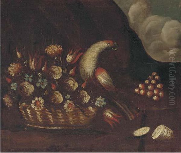 A Basket Of Flowers And A Parrot In A Landscape; And A Basket Offlowers In A Landscape Oil Painting by Francesco Guardi