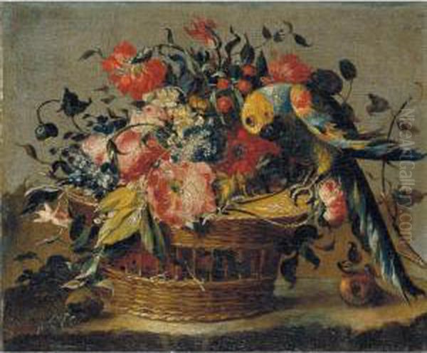 Natura Morta Di Fiori In Un Cestino Ed Un Pappagallo Oil Painting by Francesco Guardi