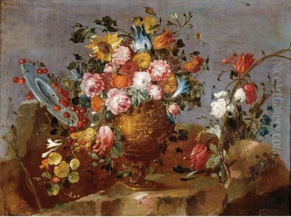 Still Life Of Flowers In A Vase Resting On A Stone Ledge With A Plate Of Cherries Oil Painting by Francesco Guardi