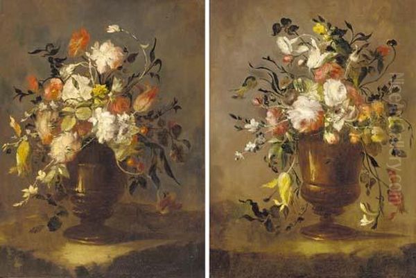 Roses, Tulips, Narcissi And 
Other Flowers In An Urn On A Ledge; And Roses, Daffodils, Tulips, 
Carnations And Other Flowers In An Urn On A Ledge Oil Painting by Francesco Guardi