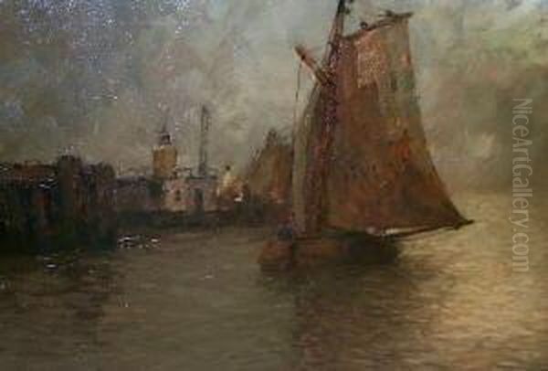 Fischkutter Vor Hafeneinfahrt. Unten Links Signiert Und Datiert Rud. Guba Oil Painting by Rudolf Guba