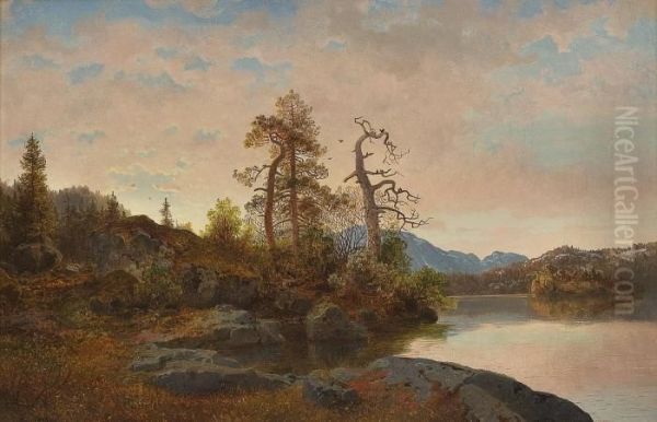 Forestal Landscape With A Lake Oil Painting by Hans Fredrik Gude