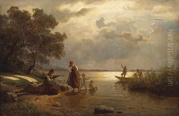 By The Lakeshore Oil Painting by Hans Fredrik Gude