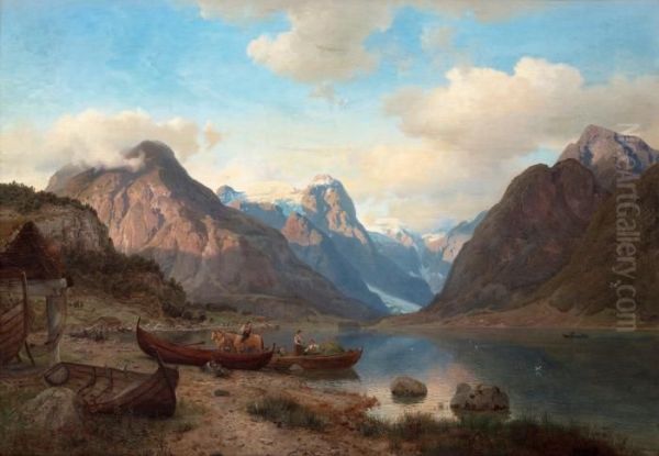 Indre Fjaerlandsfjord I Sogn Oil Painting by Hans Fredrik Gude