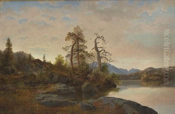 Forestal Landscapewith A Lake Oil Painting by Hans Fredrik Gude