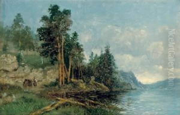 A Figure On The Banks Of A Norwegian Fjord Oil Painting by Hans Fredrik Gude