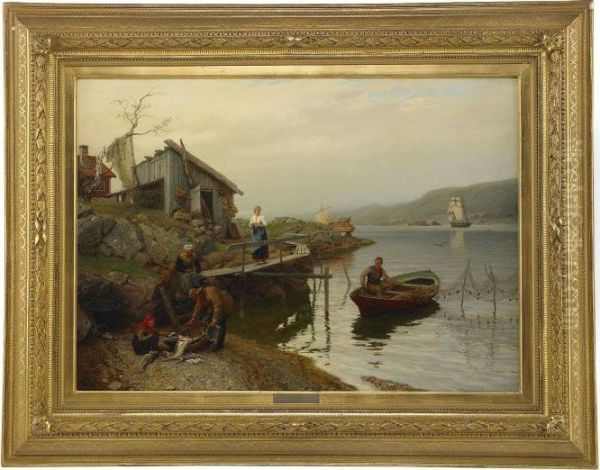 Fiskarfamilj Vittjar Fangsten Oil Painting by Hans Fredrik Gude