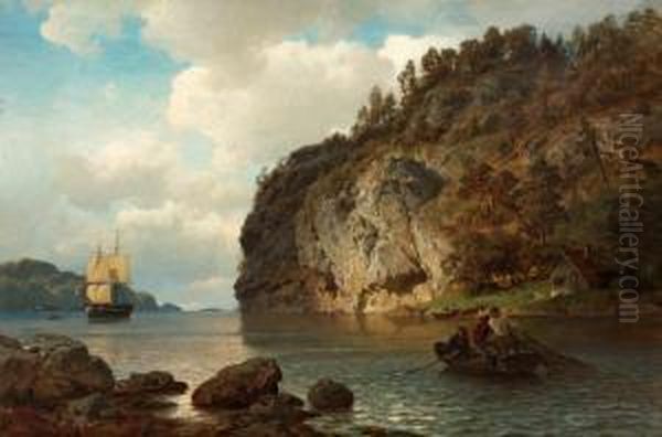 Fjordlandskap Med Fartyg Och Fiskare Oil Painting by Hans Fredrik Gude