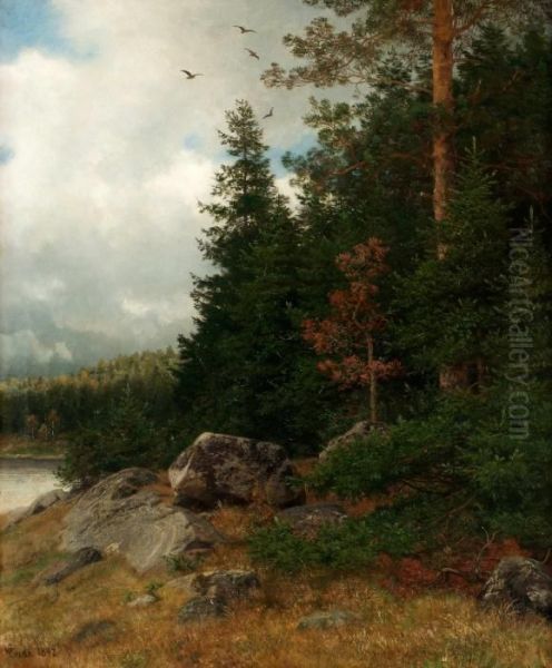 Norskt Skogslandskap Oil Painting by Hans Fredrik Gude