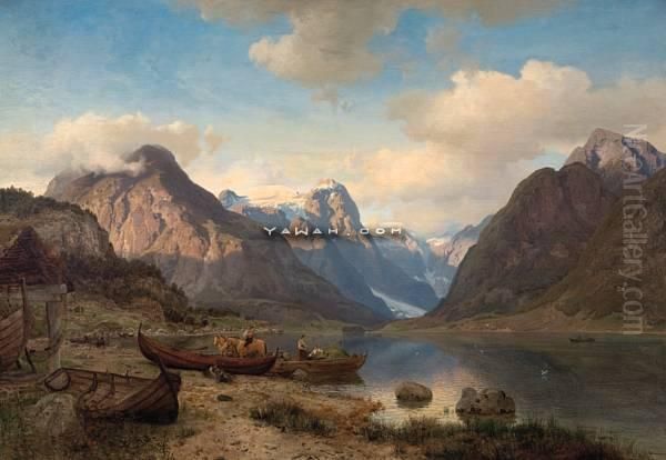 Indre Fjaerlandsfjord I Sogn Oil Painting by Hans Fredrik Gude