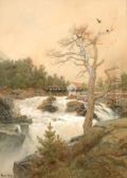 Fossefall Oil Painting by Hans Fredrik Gude