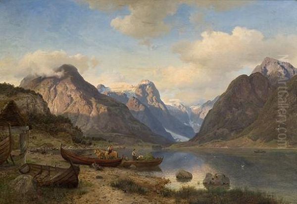 From The Inner Part Offjaerlandsfjord In Sogn 1857 Oil Painting by Hans Fredrik Gude