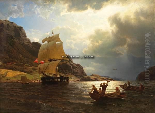 Hjemvendende Hvalfangerskip I En Norsk Havn Oil Painting by Hans Fredrik Gude