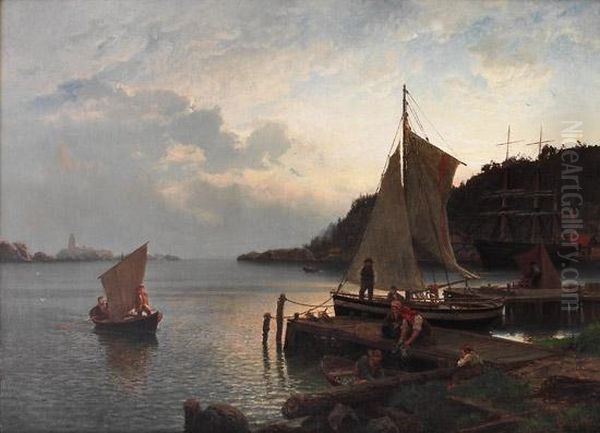 Morgenstemning I En Norsk Havn 1871 1871 Oil Painting by Hans Fredrik Gude