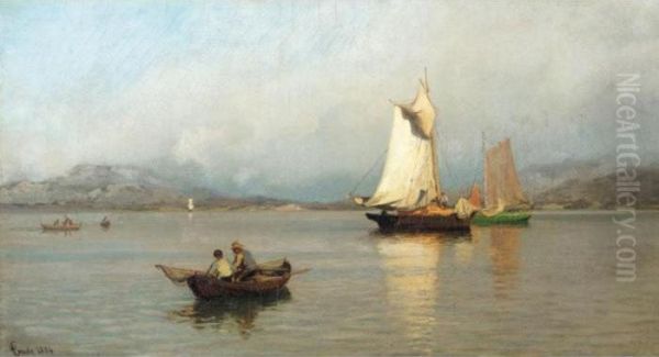 Fiskebater Ved Kysten (fishing Boats Off The Coast) Oil Painting by Hans Fredrik Gude