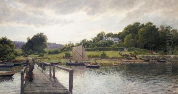 Fisking Ved Solvkronen (fishing At Solvkronen) Oil Painting by Hans Fredrik Gude