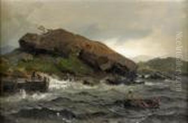 Kustlandskap Med Upprord Sjo Oil Painting by Hans Fredrik Gude