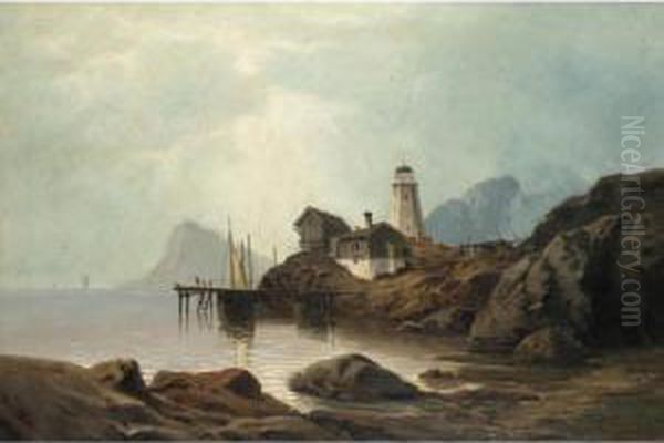 Lighthouse By The Fjord Oil Painting by Hans Fredrik Gude