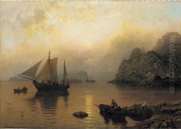 Fishing Party At Sunrise Oil Painting by Hans Fredrik Gude