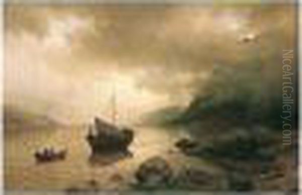 Bater Af Sognefjord (boats On The Sognefjord) Oil Painting by Hans Fredrik Gude