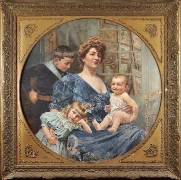 Portrait De La Famille De L'artiste Dans Son Atelier Oil Painting by Ferdinand Joseph Gueldry