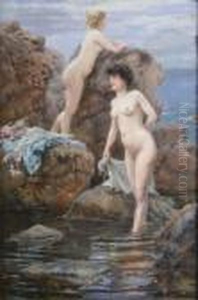 French Oil On Canvas Bathing Beauties On A Rocky Shore Signed 21.5 X 14.5in Oil Painting by Ferdinand Joseph Gueldry