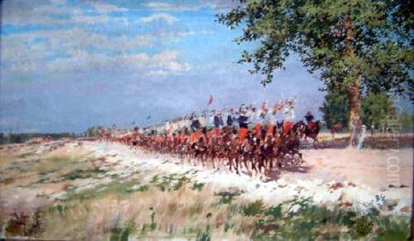 French Oil On Canvas French Cavalry Troop Signed 12 X 20in Oil Painting by Ferdinand Joseph Gueldry