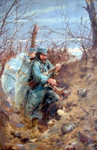 French Oil On Canvas French Soldiers In The Trenches Signed 19 X 13in Oil Painting by Ferdinand Joseph Gueldry