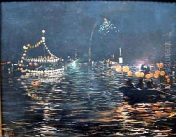 French Oil On Canvas Chinese 
Harbour At Night With Lanterns And Fireworks Signed 12.5 X 15.5in Oil Painting by Ferdinand Joseph Gueldry