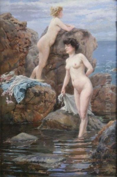 Bathing Beauties On A Rocky Shore Oil Painting by Ferdinand Joseph Gueldry