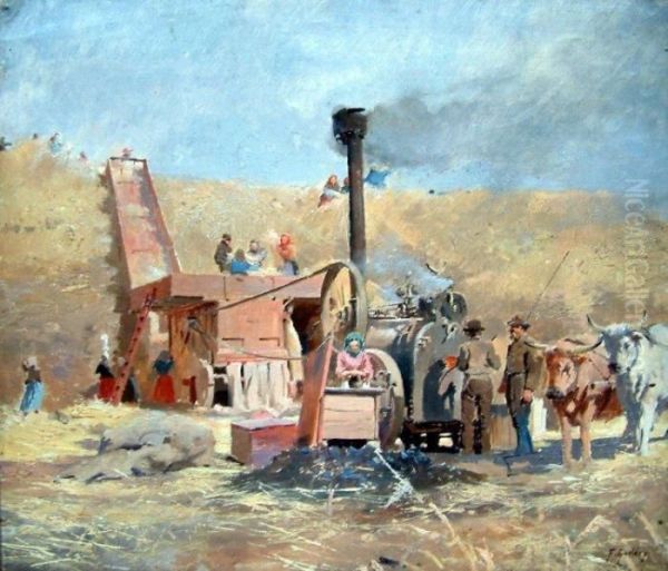 Labourers Working A Threshing Machine Oil Painting by Ferdinand Joseph Gueldry