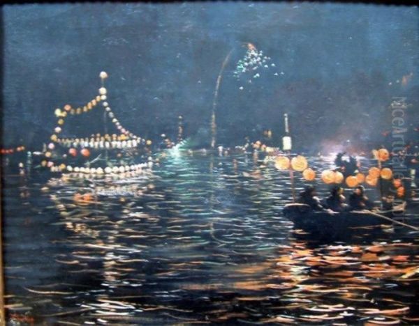 Chinese Harbour At Night With Lanterns And Fireworks Oil Painting by Ferdinand Joseph Gueldry