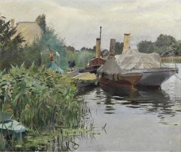 Boats On The River Marne Oil Painting by Ferdinand Joseph Gueldry