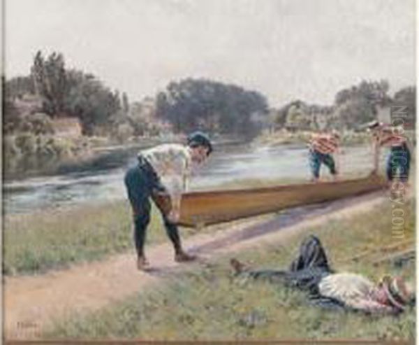 La Preparation De L'aviron, Circa 1890 Oil Painting by Ferdinand Joseph Gueldry