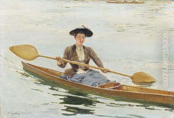 An Elegant Lady Rowing Oil Painting by Ferdinand Joseph Gueldry