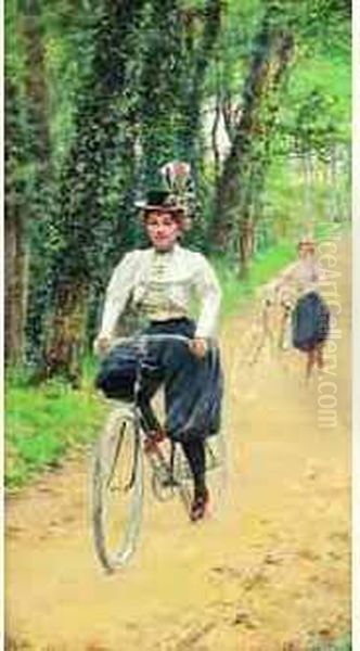 < Promenade A Bicyclette >. Oil Painting by Ferdinand Joseph Gueldry