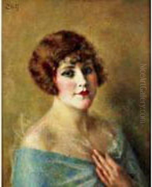 Portrait De Jeune Femme Au Chale Bleu Oil Painting by Charles Francois Prosper Guerin