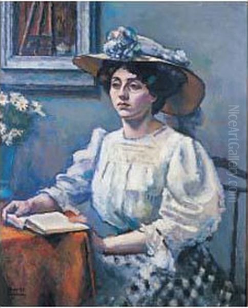 Jeune Femme Au Livre, Circa 1907 Oil Painting by Charles Francois Prosper Guerin