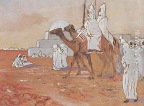 Les Chameliers - Tunisie Oil Painting by Ernest Guerin