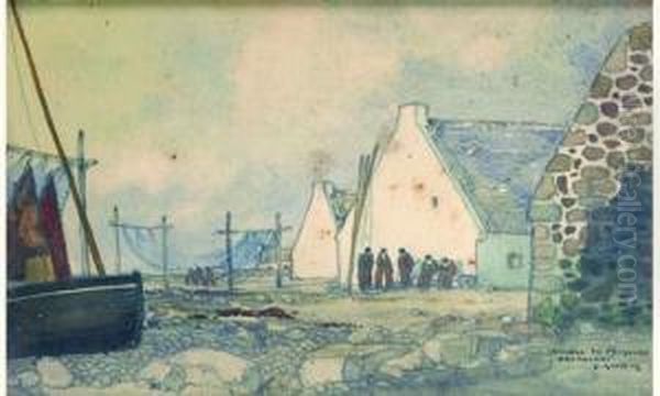 Village De Pecheurs En Bretagne by Ernest Guerin